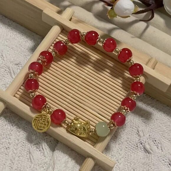 Lucky Dragon Red Bead Bracelet with Synthetic Jade Bead - Picture 1 of 5